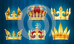 Realistic royal crown. King jewels, monarchs crowns with gems stones vector set