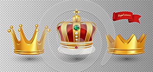 Realistic royal crowns. Vector luxury premium monarchy antique diadem diamonds and jewels and gold crowns isolated on photo