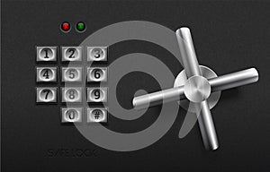 Realistic safe lock metal element on textured black plastic background. Stainless steel wheel. Vector icon or design element