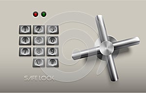 Realistic safe lock metal element on white background. Stainless steel wheel. Vector icon or design element. Metal keypad buttons