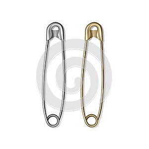 Realistic safety pins for clothes, gold and silver colors isolated on white, vector illustration