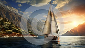 Realistic Sailing Boat In Mountains Ocean Wallpaper photo