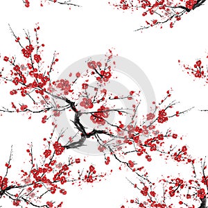 Realistic sakura blossom - Japanese cherry tree seamless pattern isolated on white background - Vector