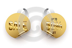 Realistic sales tags in golden circle design set