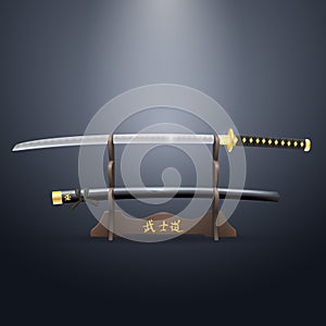 Realistic Samurai Sword and Scabbard on the Stand. photo