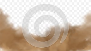 Realistic sand storm illustration. Vector brown dust cloud on transparent background. Air pollution concept.