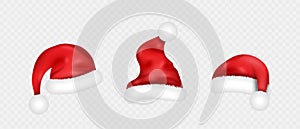 Realistic Santa Claus hats. Set of red cap for Christmas decoration, new year and winter holidays