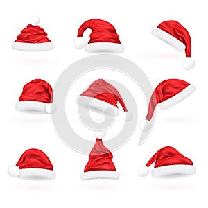 Realistic santa hats. 3d saint claus cap traditional christmas or new year symbol, winter plush furry hat for head on