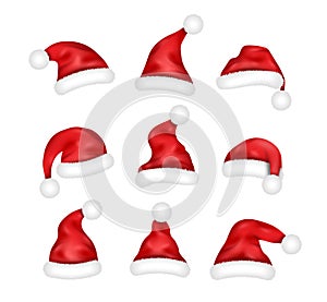 Realistic Santa hats set. 3d red caps for Christmas, New year and december holidays web design
