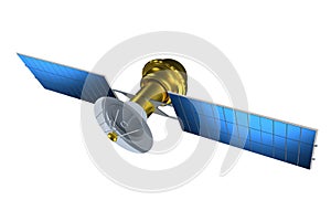 Realistic satellite. 3d render satelit illustration. Satelite isolated on white background photo