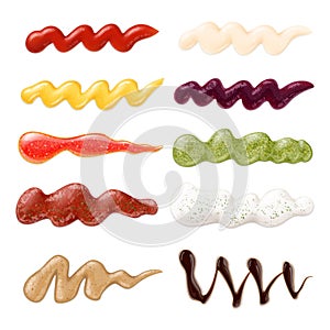 Realistic sauces strips, sauce stain collection. Food toppings, samples of ketchup, mustard mayonnaise and soy. Chili