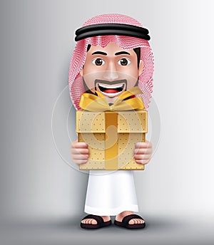 Realistic Saudi Arab Man Wearing Thobe Giving Golden Gift photo