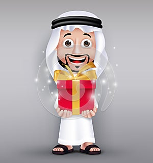 Realistic Saudi Arab Man Wearing Thobe Giving Red Gift photo