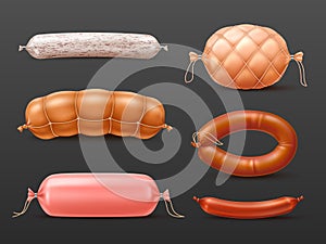 Realistic sausages and ham. Smoked and boiled farm products, natural meat delicacies food, tasty beef, chicken and pork sausages,