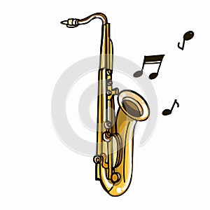 Realistic saxophone illustration drawing and nota and white background photo