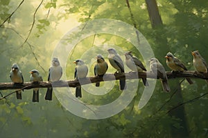 realistic scene of birds perched on tree branches, singing their melodious tunes