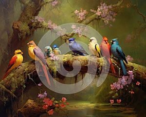 realistic scene of birds perched on tree branches, singing their melodious tunes