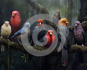 realistic scene of birds perched on tree branches, singing their melodious tunes