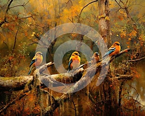 realistic scene of birds perched on tree branches, singing their melodious tunes