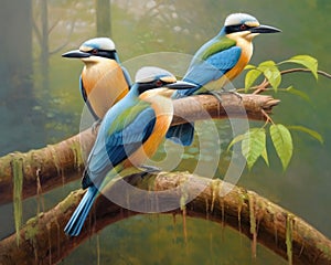 realistic scene of birds perched on tree branches, singing their melodious tunes