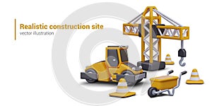 Realistic scene from construction site. Lifting crane, road roller, signal cones, wheelbarrow