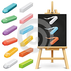 Realistic school chalkboard easel and color chalks isolated on white background