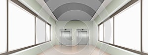 Realistic school corridor interior with windows