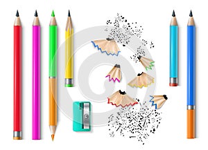 Realistic school stationery. Colorful pencils, sharpener, eraser and shaves. 3d creative tools, rubber and wood
