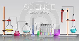Realistic science laboratory. Chemical lab glassware, beakers, test tubes, flasks and bottles with experimental liquids, 3d vector