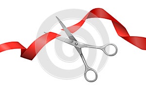 Realistic Scissors And Red Ribbon