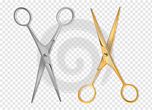 Realistic scissors. Silver and gold metal classic scissors tool mockup, hairdresser or tailor instrument isolated vector set