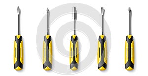 Realistic screwdrivers. Home worker tools with different heads. Cross, flat, insulating handles, hand repair instrument