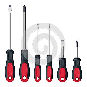 Realistic screwdrivers set isolated on white background. Hand tools for repair and construction. Small and large