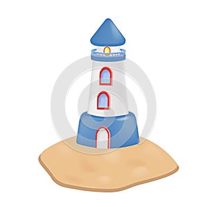 Realistic sea lighthouse on the sand, icon 3d. Vector illustration in cartoon style EPS 10