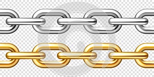 Realistic seamless golden and silver chains on checkered background. Metal chain with shiny gold plated links. Vector