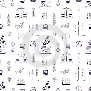 Realistic seamless pattern with chemistry and physics laboratory equipment hand drawn with lines on white background