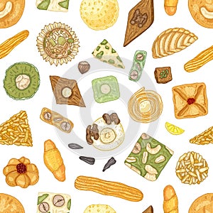 Realistic seamless pattern with traditional oriental confections or delicious pastry on white background. Elegant