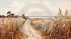 Realistic Seascapes: A Detailed Drawing Of A Wheat Path In Glazed Earthenware