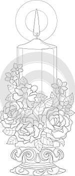 Realistic seasonal mix flower bouquet with candle sketch template. Graphic vector illustration in black and white