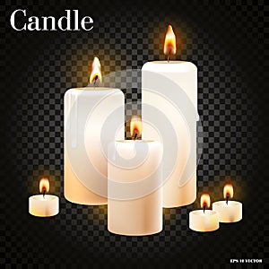 Realistic set of burning candles on transparent background, realistic vector illustration