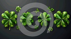 A realistic set of clover leaves isolated on transparent background. Modern illustration of 3D green four and three leaf