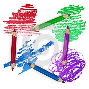 Realistic Set of Colorful Colored Pencils, Crayons with Brush Strokes Background, Back to School art. Vector Illustration