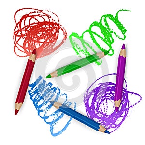 Realistic Set of Colorful Colored Pencils, Crayons with Brush Strokes Background, Back to School art. Vector Illustration