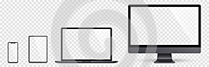 Realistic set computer, laptop, tablet and smartphone. Device screen mockup collection. Realistic space gray mock up computer,