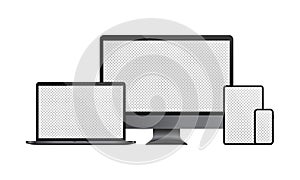 Realistic set of computer monitor, laptop, tablet, smartphone illustration. With transparent blank display. Vector EPS 10.