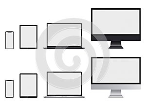 Realistic set of computer monitor, laptop, tablet and smartphone with transparent screens for infographics or presentation.