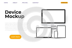 Realistic set of devices mockups with monitor, laptop, tablet, smartphone. light theme. vector