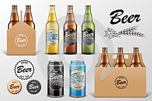 Realistic set of glass Beer bottle in packaging box on transparent background. Beer template and Tin Can Mockup for