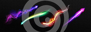 Realistic set of magic power neon light trails