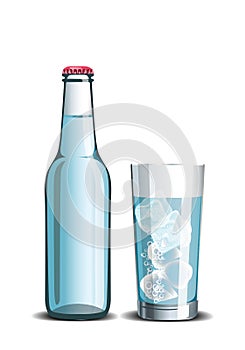 Realistic set of mineral water, full bottle and drink in a glass